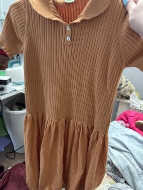 Girls' Ribbed Polo Dress in Camel Brown
